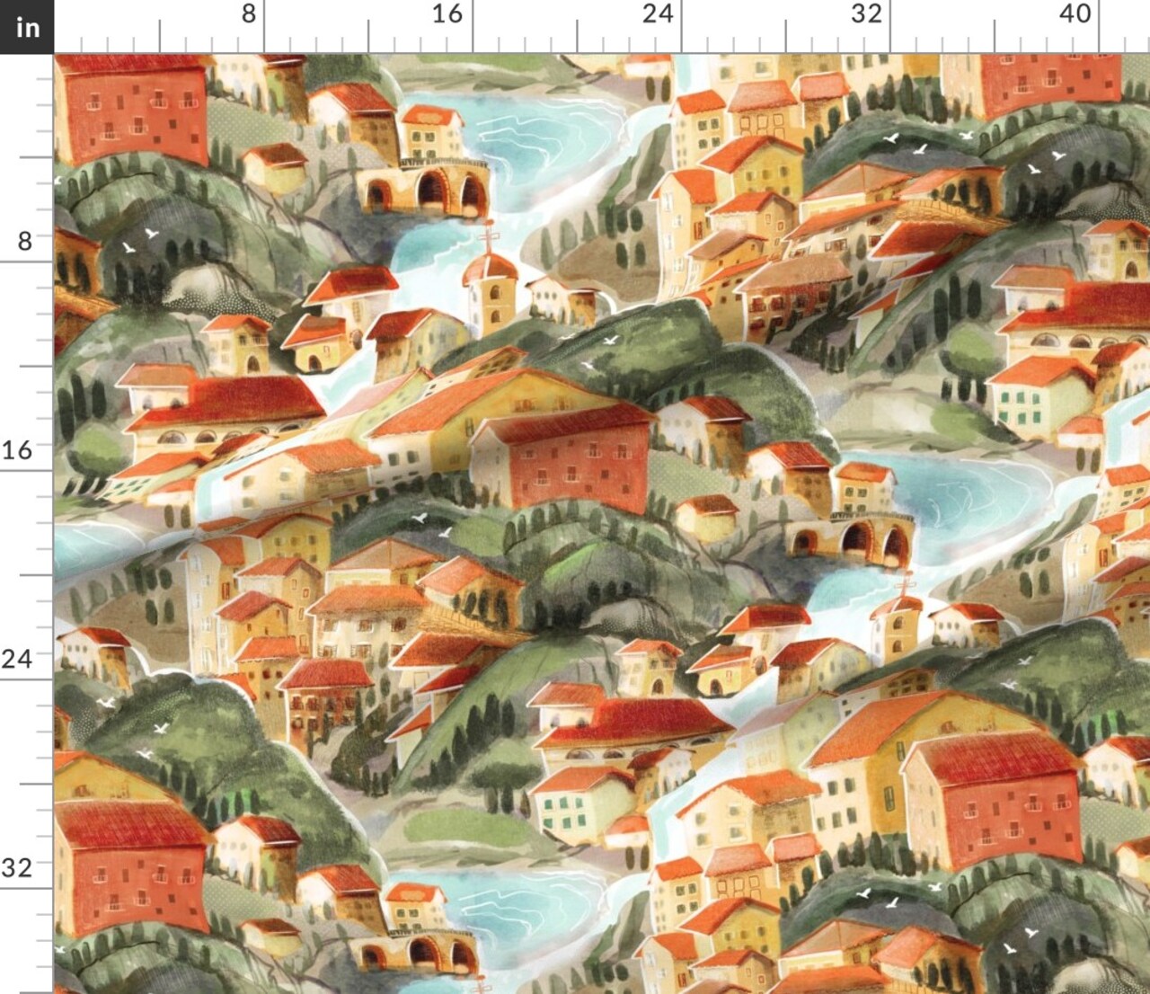 Sunset Colorful Hand Drawn Landscape Italian Town Countryside Mountains Villa Large Scale Coastal Custom Printed Fabric by Spoonflower Various Fabrics by the Yard or Fat Quarter